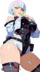 1girl ai_generated artist_name bangs bare_shoulders belt black_leotard black_thighhighs breasts cyberpunk:_edgerunners cyberpunk_2077 highleg highleg_leotard jacket large_breasts leotard looking_at_viewer lucy_(cyberpunk) lucyna_kushinada makeup multicolored_eyes multicolored_hair off_shoulder open_clothes open_jacket patreon red_eyeliner red_lips senpai_pixels sensitive short_hair shorts simple_background smile solo sweat thighhighs thighs wet white_background white_hair