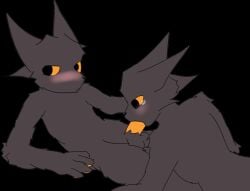 anthro balls black_background black_body blush bodily_fluids canid casualties:_unknown duo expie_(gunsawian) fellatio genitals gunsawian male male/male mammal oral orange_eyes orange_penis penile penis sex simple_background tears