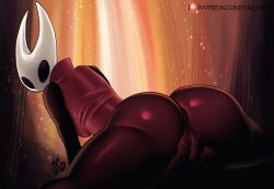 2026 anthro anus arachnid arthropod big_butt black_body black_exoskeleton black_eyes breasts butt butt_focus clothing exoskeleton female genitals hollow_knight_(franchise) horn hornet_(hollow_knight) looking_at_viewer looking_back no_pupils rear_view red_body red_clothing red_topwear red_vulva solo spider spread_legs spreading team_cherry tomwlod topwear vulva white_body white_exoskeleton white_horn