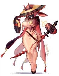 4_fingers anal_beads anthro arms_bound_behind_back asian_clothing belt big_breasts bound breasts cape clothing cybernetic_arm cybernetic_floating_limb cybernetic_limb dragon east_asian_clothing female fingers floating_hands footwear gag_outline glistening glistening_breasts glistening_latex glistening_thighs hair hat headgear headwear hi_res high_heels horn latex latex_clothing latex_skinsuit legs_tied long_ears melee_weapon mythological_creature mythological_scalie mythology nipple_covers red_hair scalie sex_toy shadow shoes signature simple_background skinsuit solo sword thick_thighs tight_clothing tipping_hat ty_poor weapon white_background white_latex