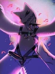 2026 abstract_background absurd_res ambiguous_anthro ambiguous_gender anthro black_collar black_dildo black_harness bodily_fluids buteoposting collar colorful_theme dildo english_description halftone harness hi_res light lighting looking_at_viewer low-angle_view male music musical_note musical_symbol open_mouth party portrait purple_tongue saliva sex_toy solo spiked_collar spikes strapon symbol tail three-quarter_portrait tongue tongue_out unknown_species worm's-eye_view