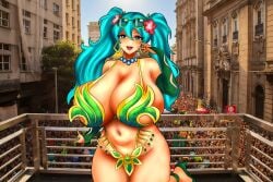 1girls big_ass big_breasts blue_hair brazilian brazilian_female brazilian_miku carnival carnival_outfit chorquistudios city_background collar dancing female glasses_on_head happy happy_female hatsune_miku hot huge_breasts in_public milf singing sunglasses sunglasses_on_head tan_body tan_skin