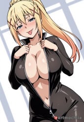 1girl :p ai_generated anime artmochiia big_breasts bikesuit black_bodysuit blonde_hair blue_eyes blush bodysuit braid breasts center_opening cleavage collarbone cowboy_shot crown_braid curvaceous curvaceous_female curvaceous_figure curvy curvy_figure darkness_(konosuba) dutch_angle fanart female female_focus hair_between_eyes hair_ornament half-closed_eyes kono_subarashii_sekai_ni_shukufuku_wo! large_breasts long_hair looking_at_viewer multicolored_hair naughty_face navel nose_blush open_bodysuit open_clothes partially_unzipped ponytail sidelocks smile solo standing thigh_gap tongue tongue_out uncensored unzipped voluptuous voluptuous_female x_hair_ornament zipper zipper_pull_tab