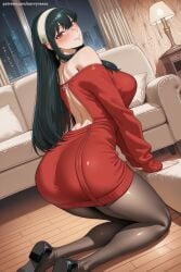 1girl ai_generated ass bangs bare_shoulders black_hair black_legwear blush breasts dress earrings hairband hi_res high_quality high_resolution huge_breasts indoors jewelry large_breasts long_hair looking_at_viewer looking_back off_shoulder one_eye_closed pantyhose patreon red_dress red_eyes savvyraexo seductive sexy short_dress smile solo spy_x_family sweater uncensored watermark wooden_floor yor_briar