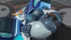 2026 3d 3d_(artwork) 3d_render areola areolae big_breasts bigger_female blue_eyes blue_nipples breasts breasts_out cybertronian dark-skinned_male faceless_male female human human_male male mating_press nipples robot robot_girl smaller_male soundpunk501 strongarm_(transformers) thick_thighs transformers