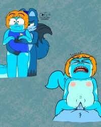 andromorph anthro aquatic blush blush_lines bodysuit canid canine clothing duo fish fluffy fluffy_chest fluffy_tail fox genitals grabbing hi_res humping intersex intersex/male lapiscrowlime male mammal moan nipples penis pretend pretending sex shark shark_tail shocked skinsuit standing tail tight_clothing vulva