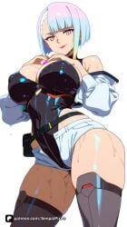 1girl ai_generated artist_name bangs bare_shoulders belt black_leotard black_thighhighs blue_hair breasts cleavage cyberpunk:_edgerunners cyberpunk_2077 hands_on_own_chest heart highleg highleg_leotard jacket large_breasts leotard looking_at_viewer lucy_(cyberpunk) lucyna_kushinada makeup multicolored_eyes multicolored_hair off_shoulder open_clothes open_jacket patreon red_eyeliner red_lips senpai_pixels sensitive short_hair short_shorts shorts simple_background smile solo thighhighs thighs white_background white_hair white_shorts