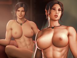 1girls athletic athletic_female bandage blood breasts brown_hair exposed_breasts exposed_nipples female female_only human lara_croft large_breasts long_hair muscular muscular_female necklace nipples orihalchon partially_clothed ponytail scar solo solo_female tied_hair tomb_raider toned toned_female torn_clothes torn_clothing torn_shirt