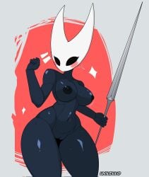 2025 abstract_background action_pose anthro arachnid arthropod artist_name big_breasts biped black_body black_skin blush breasts confident curvy_figure digital_media_(artwork) empty_eyes exoskeleton female form_fitting genitals hi_res holding_melee_weapon holding_object holding_weapon hollow_knight_(franchise) hornet_(hollow_knight) legs_together melee_weapon motion_lines nail_(weapon) nipples nude pose raised_arm solo spider standing team_cherry text thick_thighs unicuck vulva weapon wide_hips