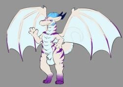 animal_genitalia animal_humanoid animal_penis anthro back_wings balls blizzard_entertainment blue_horn blue_wings digitigrade dracthyr dragon dragon_humanoid european_mythology fully_sheathed genitals hi_res horn humanoid male male_anthro mythological_creature mythological_scalie mythology nude_anthro nude_male penis purple_eyes purple_stripes sarek_aran_desian scales scalie sheath solo stripes warcraft western_dragon white_body white_scales wings
