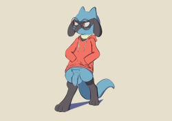 absurd_res anthro balls blush bottomless canid canine clothed clothing clothing_lift eyewear flaccid foreskin game_freak generation_4_pokemon genitals glasses hi_res hoodie humanoid_genitalia humanoid_penis looking_away male mammal nervous nintendo partially_clothed penis pokemon pokemon_(species) presenting presenting_penis red_clothing red_eyes red_hoodie red_topwear riolu shirt shirt_lift smile solo topwear twerpishimp unretracted_foreskin walking