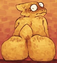 alphys anthro big_butt blush bodily_fluids butt caught dildo dildo_sitting embarrassed eyelashes female freckled_butt freckled_face freckled_shoulders freckles hi_res implied_vaginal knot knotted_dildo lizard looking_at_viewer looking_back masturbation penetration rear_view reptile scales scalie scaliescum sex_toy shocked simple_background small_tail snout solo sweat tail undertale_(series) white_sclera x-ray_view yellow_body yellow_scales