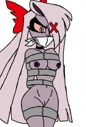 1girls angel angel_girl angry arms_behind_back big_breasts breasts damsel_in_distress female gag gagged grey_body grey_skin hair hazbin_hotel hellaverse jackattack1324 long_hair naked nude solo solo_female tied_up vaggie vaggie_(hazbin_hotel) vivienne_medrano vivziepop
