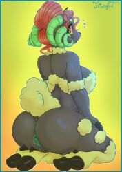 absurd_res anthro anus big_breasts big_butt blush bodily_fluids bottomless breasts butt clothed clothing dripping_vulva female genital_fluids genitals grace_(trissyfen) hair hi_res hooves horn kneeling looking_at_viewer looking_back nude presenting rear_view simple_background solo tied_hair topwear trissyfen vaginal_fluids vulva wiltshire_horn wool_clothing