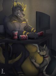 anthro ball_worship balls balls_on_face balls_on_head big_balls big_bulge big_penis bodily_fluids body_worship bulge canid canine canis chair clothed clothing collar domestic_cat duo elsifthewolf felid feline felis furniture genital_fluids genital_worship genitals hi_res huge_balls huge_bulge huge_penis hyper hyper_balls hyper_bulge hyper_genitalia hyper_penis leaking_penis leaking_precum male male/male mammal on_chair penis penis_on_face precum sitting sitting_on_chair smile under_table underwear underwear_only vod_(vodcat) vodcat wolf