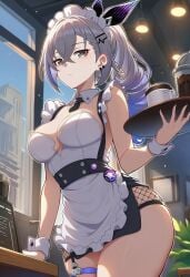 1girls 2026 ai_generated big_ass big_butt big_thighs coffee coffee_shop day exposed_breasts exposed_legs female female_focus female_only gray_eyes gray_hair holding_object honkai:_star_rail hoyoverse long_hair looking_at_viewer low-angle_view lunealter mature_female medium_breasts mihoyo multicolored_hair neutral_expression no_bra pale-skinned_female pale_skin ponytail sfw silver_wolf_(honkai:_star_rail) standing thick_ass thick_butt thick_hips thick_legs thick_thighs