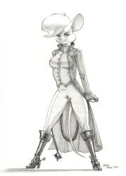 2026 anthro bangs baron_engel boots bottomless breasts clothed clothed_female clothing coat cosplay female footwear genitals greyscale hair hi_res high_heeled_boots high_heels mammal mina_(mina_the_hollower) mina_the_hollower monochrome mouse murid murine navel petina_demouse rodent shoes solo spurs tail topwear vest vulva whip yacht_club_games