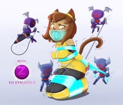 2026 absurd_res anthro bound brown_hair brown_tail clothing domestic_cat electronics english_text felid feline felis female female_anthro gameoverse glitch_productions hair hi_res kit_bodega mammal microphone restrained tail text yellow_clothing zeecibee