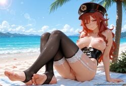 1girl ai_generated ass bangs bare_shoulders beach black_headwear black_thighhighs blush breasts closed_mouth cloud corset day feet garter_straps genshin_impact hat kermixx large_breasts legs long_hair looking_at_viewer mavuika_(genshin_impact) nail_polish nipples ocean outdoors palm_tree pussy red_eyes red_hair sitting sky smile soles solo starfish stirrup_legwear sun thighhighs toeless_legwear toenail_polish toenails toes tree uncensored