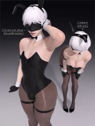 3d bulge bunny_ears bunnysuit cleavage female femboy large_breasts male nier nier:_automata popogori simple_background white_hair yorha_2b yorha_9s