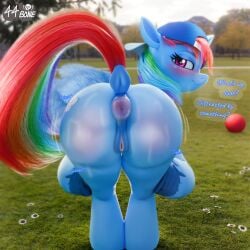 1:1 3d_(artwork) 44bone absurd_res animal_genitalia anus backwards_baseball_cap backwards_hat ball baseball_cap big_anus blender_(artwork) blue_body blue_fur blue_skin blue_wings blush blush_lines bodily_fluids butt clothing cutie_mark dialogue digital_media_(artwork) dock_(anatomy) equid equine equine_anus equine_genitalia eyelashes female feral friendship_is_magic fur genitals grass hair hasbro hat headgear headwear hi_res hooves horse looking_at_viewer mammal multicolored_hair multicolored_tail my_little_pony mythological_creature mythological_equine mythology pegasus plant pony puffy_anus rainbow_dash_(mlp) rainbow_hair rainbow_tail red_cheeks shaking_butt smile smug solo sweat sweatdrop tail text tree vulva wiggle wings