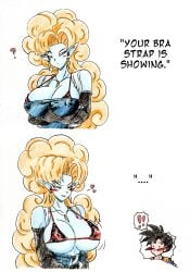 1boy 1girls big_breasts black_hair blue_skin blush bra bra_strap bra_strap_is_showing_(meme) breasts clothed_female color dragon_ball_z dragon_ball_z:_bojack_unbound dragon_ball_z_golden_age long_hair long_hair_female orange_hair orange_hair_female pointy_ears race_of_hera son_gohan son_gohan_(young) thewritefiction zangya