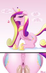 anus bedroom_eyes butt clitoris comic crown dialogue english_text equid equine female first_person_view floppy_ears friendship_is_magic fur genitals hasbro headgear horn horse human imminent_sex infidelity interspecies jewelry lovebutt male mammal my_little_pony mythological_creature mythological_equine mythology narrowed_eyes nude offscreen_character pink_background pink_body pony princess_cadance_(mlp) raised_tail regalia seductive simple_background speech_bubble spread_vulva spreading tail text tsudashie vulva winged_unicorn wings