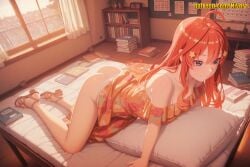 1girl ahoge ai_generated all_fours ass bare_legs bare_shoulders bed bed_sheet bedroom blue_eyes blush book book_stack bookshelf bottomless bra breasts calendar_(object) clock closed_mouth clothes_lift collarbone couch curtains day dress dress_lift feet floral_print full_body go-toubun_no_hanayome hair_between_eyes hair_ornament high_heels indoors itsuki_nakano legs long_hair looking_at_viewer lying nakano_itsuki nivora no_panties off_shoulder on_bed orange_dress panties phone picture_frame pillow print_dress red_hair sandals shirt sidelocks smile solo star_(symbol) star_hair_ornament sunlight thighs toes underwear white_bra white_panties window wooden_floor