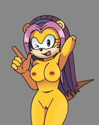 archie_comics bannerniceman blue_eyes breasts eyelashes female genitals hair herpestid hi_res isabella_mongoose mammal mongoose nipples one_eye_closed purple_hair sega solo sonic_the_hedgehog_(archie) sonic_the_hedgehog_(comics) sonic_the_hedgehog_(series) tail vulva yellow_body