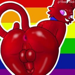 anthro anus backsack balls blue_collar collar domestic_cat felid feline felis frosty_risk fur genitals glistening glistening_body lgbt_pride lgbt_pride_month male mammal nude outline penis presenting presenting_anus pride_colors purple_eyes red_body red_fur riley_augestine(bruce_bronze) simple_background smile solo tail thick_thighs white_outline