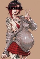 1girls ai_generated areola_slip bad_end bbc_slave bbc_tattoo blacked blacked_female cheating_girlfriend corrupted corruption dark_nipples defeated female_only makeup mind_break netorare peace_sign petite pregnant puffy_nipples qos race_fetishism race_fetishism_symbol race_queen ruby_rose rwby solo tagme taurusinvert tongue_out