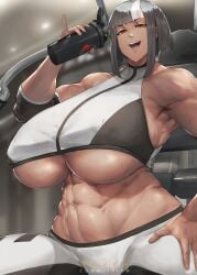 1girls abs artist_name bangs big_breasts breasts breasts_bigger_than_head cleavage dark-skinned_female dark_skin eyebrows eyebrows_visible_through_hair eyelashes female female_focus female_only gigantic_breasts grey_hair gym hand_on_hip huge_breasts large_breasts looking_at_viewer low-angle_view medium_hair muscular muscular_female novum open_mouth orange_hair pinky_out protein_shake solo solo_female solo_focus sportswear sweat sweaty underboob white_highlights