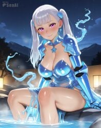 1girls ai_generated armor big_breasts black_clover breasts cleavage curvy female large_breasts looking_at_viewer noelle_silva on_rock onsen outdoors seacreator sitting smile solo water_armor
