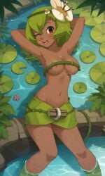 ai_generated alraune amalia amalia_sheran_sharm ass bigmic145 breasts cleavage convenient_censoring convenient_censorship covering_breasts dark-skinned_female dark_skin deviantart deviantart_link female flower flower_in_hair green_hair leaf_clothing medium_breasts navel plant_girl princess_amalia_sheran_sharm solo tentacle thorns topless vines wakfu wet wet_clothes wet_skin