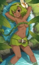 ai_generated alraune amalia amalia_sheran_sharm ass bigmic145 breasts cleavage convenient_censoring convenient_censorship covering_breasts dark-skinned_female dark_skin female flower flower_in_hair green_hair leaf_clothing medium_breasts navel plant_girl princess_amalia_sheran_sharm tentacle thorns topless vines wet wet_clothes wet_skin