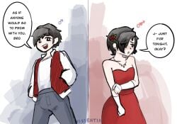 1boy before_and_after black_hair confidence_loss confident crossdressing dress embarrassed eyebrows_visible_through_hair femboy gender_symbol gloves hair_ornament hair_over_one_eye identity_death light-skinned_male light_skin male necklace pants red_dress red_vest text text_bubble vissentia white_gloves white_shirt