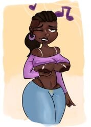 1girls 2d 2d_(artwork) areolae big_breasts bra breast_press breast_squeeze breasts breasts_out cornrows curves curvy curvy_body curvy_hips dark-skinned_female dark_areola dark_areolae dark_nipples dark_skin digital_drawing_(artwork) female female_focus female_only hand_on_breast ms._dewitt_(summertime_saga) mymeduck nipples one_eye_closed pants pose posing shirt showing_off summertime_saga tank_top tease teasing transparent_background underboob