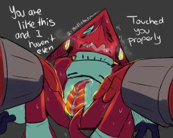 anthro ballistamon bandai_namco blue_eyes blush bodily_fluids cloacal_penis digimon digimon_(species) duo embarrassed erection genitals hi_res male male/male penis pinned pinned_to_ground pirruwan red_body scalie sharp_teeth shoutmon sweat teeth
