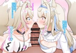 2girls absurdres animal_ear_fluff animal_ears bandaid bandaid_hair_ornament bar_censor belt_collar black_collar blonde_hair blue_eyes blue_hair breasts censored collar crop_top cropped_shirt dog_ears dog_girl dog_tail dress fellatio female fuwawa_abyssgard fuwawa_abyssgard_(1st_costume) hair_ornament highres hololive hololive_english hololive_english_-advent- large_breasts long_hair mococo_abyssgard mococo_abyssgard_(1st_costume) multicolored_hair multiple_girls oral pink_eyes pink_hair shimaidon_(sex) shirt short_hair siblings sisters small_breasts spiked_collar spikes streaked_hair tail teamwork_(sexual) twins twintails two-tone_hair very_long_hair virtual_youtuber waya_(wayawaya11538) white_dress white_shirt