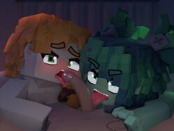 1boy 2girls 3d alex_(minecraft) beveledblock blue_eyes breasts erect_penis fellatio female green_body green_eyes green_hair green_nails horny_female human_female human_male humanoid_penis licking_penis looking_at_viewer mine-imator minecraft monster_girl nude_female open_mouth orange_hair outdoors smile tagme tongue_out you zombae_(beveledblock)