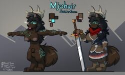 animal_genitalia anthro areola armor big_areola black_hair blep blue_sclera blue_tattoo breasts brown_body brown_fur canid canine canis character_name clothed clothed_anthro clothing deer fully_clothed fully_clothed_anthro fully_sheathed fur genitals glowing glowing_tattoo gynomorph hair hi_res howzit_toyah hybrid intersex looking_at_viewer mammal melee_weapon model_sheet scarf sheath simple_background solo sword t-pose tail tattoo text tongue tongue_out weapon wolf