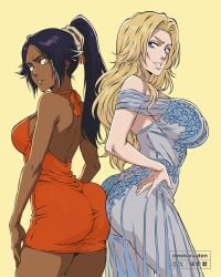 2girls ass ass_press ass_to_ass big_ass big_breasts bleach blonde_hair breasts busty chocolate_and_vanilla color colored curvy dark-skinned_female dark_skin dat_ass dress embroidery fan_colored fat_ass female female_only light-skinned_female long_hair looking_at_viewer looking_back matsumoto_rangiku mature_female nekoranten ponytail purple_hair sheer sheer_clothing shihouin_yoruichi skimpy skimpy_clothes strawberry_blonde_hair tight_clothing tight_dress voluptuous