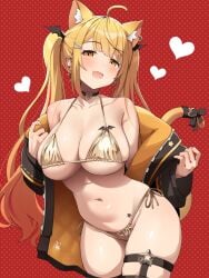 ahoge animal_ear_fluff animal_ears ayagi_daifuku bat_hair_ornament bat_wings bikini black_choker black_jacket blonde_hair breast_tattoo breasts cat_ears cat_tail choker cleavage earrings female gold_bikini hair_ornament hairclip heart heart_earrings heart_o-ring highres hololive hololive_gen_1 hololive_japan jacket jewelry large_breasts long_hair looking_at_viewer navel o-ring o-ring_choker o-ring_thigh_strap oerba_yun_fang off_shoulder open_clothes open_jacket open_mouth side-tie_bikini_bottom skin_fang solo star_o-ring star_tattoo string_bikini swimsuit tail tattoo thigh_strap twintails two-sided_fabric two-sided_jacket very_long_hair virtual_youtuber wing_tattoo wings yellow_eyes yellow_jacket yozora_mel