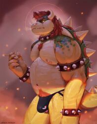 2025 anthro areola armband barazoku belly biceps big_belly big_bulge big_muscles body_hair bowser bracelet bulge chest_hair cigarette claws clothed clothing collar deltoids eyebrows hair halo hi_res holding_object horn jewelry jockstrap jockstrap_only koopa male mario_bros musclegut muscular muscular_anthro muscular_male navel nintendo nipples non-mammal_nipples pecs pubes scales scalie shell simple_background sinibun_95 smoke smoking solo spiked_armband spiked_bracelet spiked_collar spiked_shell spiked_tail spikes spikes_(anatomy) standing tail teeth thick_arms thick_thighs topless topless_anthro topless_male underwear underwear_only