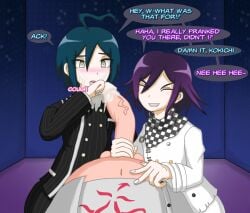 aeltrix ahoge balls big_penis blush cum cum_in_mouth cum_on_face danganronpa danganronpa_v3 dialogue femboy first_person_view gay grabbing_penis kaito_momota kokichi_ouma male male/male male_only momota_kaito ouma_kokichi penis pov saihara_shuuichi shuichi_saihara text