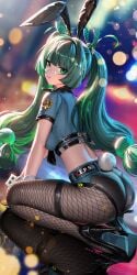 animal_ears ass blurry blurry_background breasts commentary crop_top english_commentary fake_animal_ears fake_tail female fishnet_pantyhose fishnets from_side green_eyes green_hair high_heels highres liang_xing long_hair pantyhose patreon_username police police_uniform policewoman qingyi_(zenless_zone_zero) rabbit_ears rabbit_tail reflective_floor seiza sitting small_breasts solo tail twintails very_long_hair wrist_cuffs zenless_zone_zero