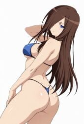 15_bishoujo_hyouryuuki ai_generated ass bikini blue_bikini blue_eyes breasts brown_hair female hair_over_one_eye kageko_satake long_hair looking_at_viewer pale-skinned_female pale_skin pose posing white_background