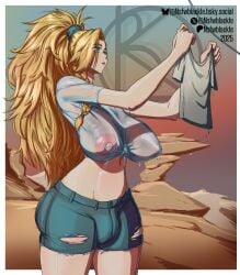 1futa balls big_breasts big_hips big_penis blonde_hair blue_eyes breasts bulge busty casual clothed clothing denim_shorts dick dickgirl dripping flaccid futa_only futanari gemma_(monster_hunter_wilds) hanging_clothes hanging_clothing human intersex light-skinned_futanari light_skin monster_hunter monster_hunter_wilds nipples nsfwblackle penis ponytail ripped_shorts see-through_clothing small_waist solo thighs transparent_clothing wet wet_shirt