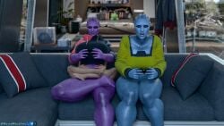 3d 4girls 4k_resolution abs asari ashley_williams blue_skin bottomless_female facesitting_female feet female females gaming green_eyes highres large_ass large_breasts mass_effect miranda_lawson muscular_female muscular_thighs nude_female purple_skin red_eyes russymacalroy shocked_expression smirk tagme thick_thighs xbox_controller