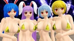 2025 3d 4girls bikini blue_hair_female breasts clavicle cleavage cosmic_background female golden_bikini golden_bikini_top golden_week group_focus hand_on_shoulder hati_yukkuri_mmd holding_each_other jpeg light-skinned_female long_hair_female looking_at_viewer mmd moon moon_rabbit open_mouth pink_hair_female rabbit_humanoid red_eyes reisen reisen_udongein_inaba ringo_(touhou) seiran_(touhou) short_hair smiling_at_viewer space stars swimsuit touhou waist yellow_hair_female